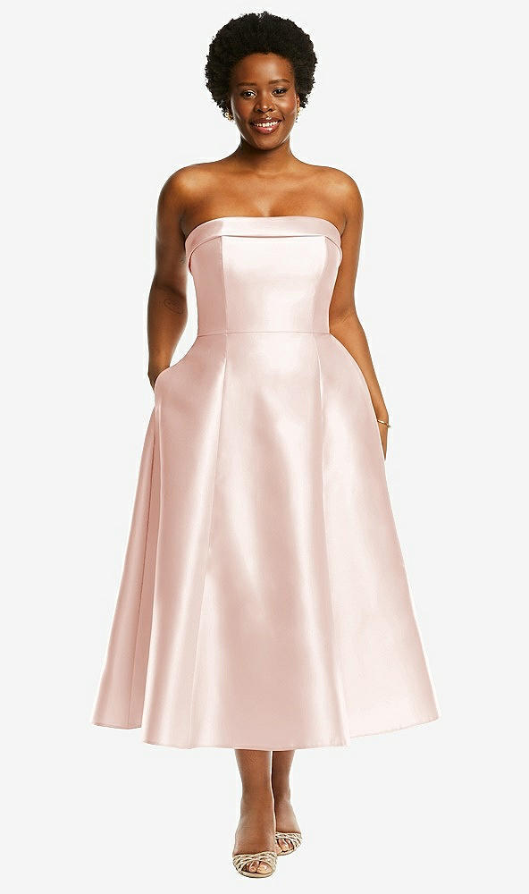 Front View - Blush Cuffed Strapless Satin Twill Midi Dress with Full Skirt and Pockets