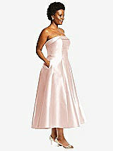 Side View Thumbnail - Blush Cuffed Strapless Satin Twill Midi Dress with Full Skirt and Pockets
