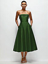 Front View Thumbnail - Celtic Cuffed Strapless Satin Twill Midi Dress with Full Skirt and Pockets