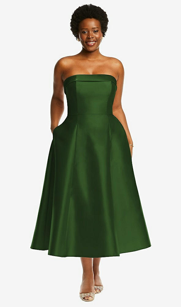Front View - Celtic Cuffed Strapless Satin Twill Midi Dress with Full Skirt and Pockets