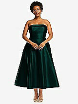 Alt View 1 Thumbnail - Evergreen Cuffed Strapless Satin Twill Midi Dress with Full Skirt and Pockets