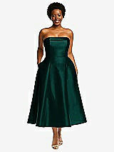 Front View Thumbnail - Evergreen Cuffed Strapless Satin Twill Midi Dress with Full Skirt and Pockets