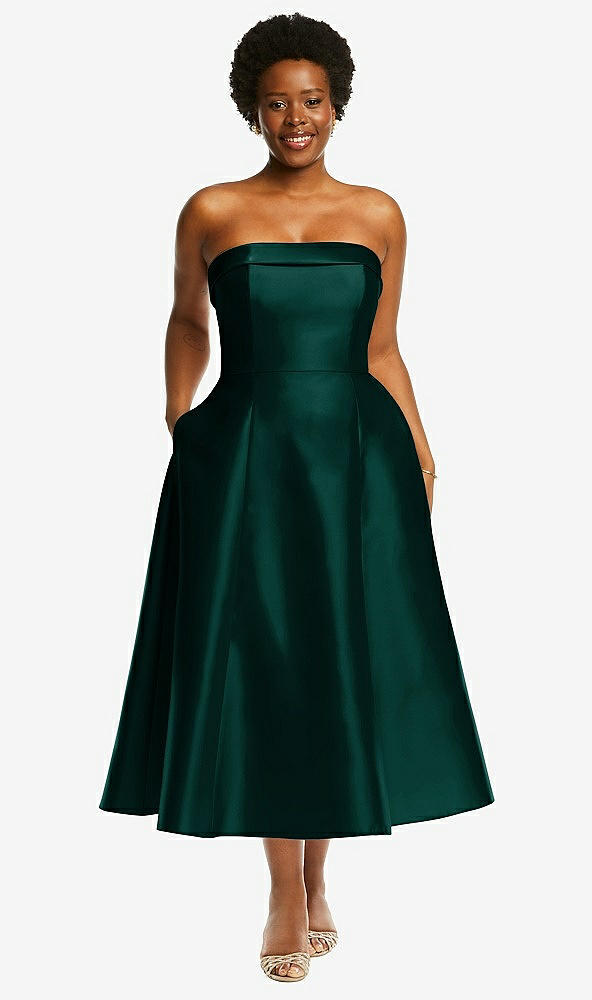 Front View - Evergreen Cuffed Strapless Satin Twill Midi Dress with Full Skirt and Pockets
