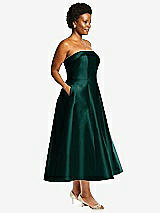Side View Thumbnail - Evergreen Cuffed Strapless Satin Twill Midi Dress with Full Skirt and Pockets