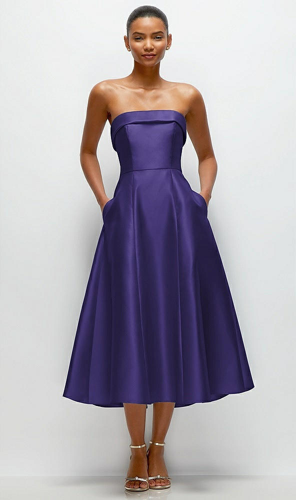 Front View - Grape Cuffed Strapless Satin Twill Midi Dress with Full Skirt and Pockets