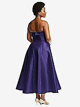 Rear View Thumbnail - Grape Cuffed Strapless Satin Twill Midi Dress with Full Skirt and Pockets