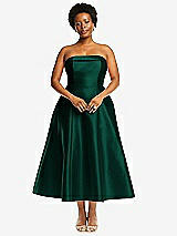 Alt View 1 Thumbnail - Hunter Green Cuffed Strapless Satin Twill Midi Dress with Full Skirt and Pockets