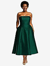 Front View Thumbnail - Hunter Green Cuffed Strapless Satin Twill Midi Dress with Full Skirt and Pockets