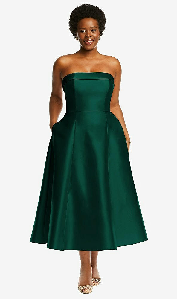 Front View - Hunter Green Cuffed Strapless Satin Twill Midi Dress with Full Skirt and Pockets