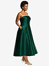 Side View Thumbnail - Hunter Green Cuffed Strapless Satin Twill Midi Dress with Full Skirt and Pockets