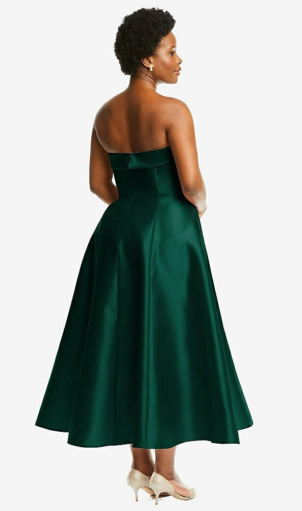 Back View - Hunter Green Cuffed Strapless Satin Twill Midi Dress with Full Skirt and Pockets