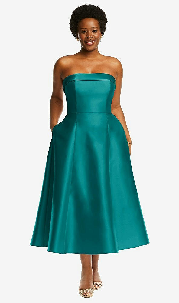 Front View - Jade Cuffed Strapless Satin Twill Midi Dress with Full Skirt and Pockets