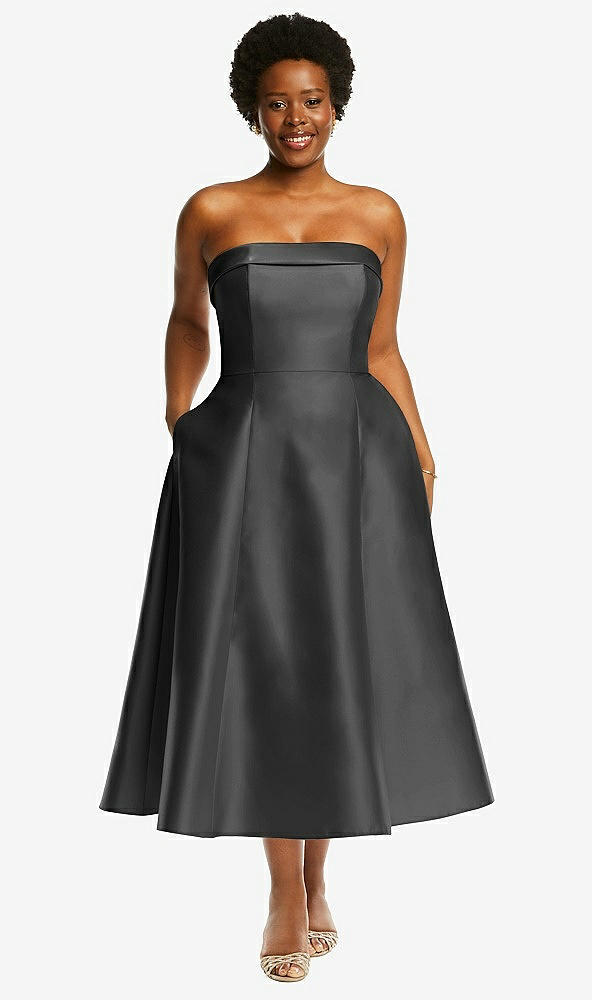 Front View - Pewter Cuffed Strapless Satin Twill Midi Dress with Full Skirt and Pockets
