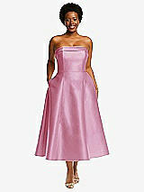 Front View Thumbnail - Powder Pink Cuffed Strapless Satin Twill Midi Dress with Full Skirt and Pockets