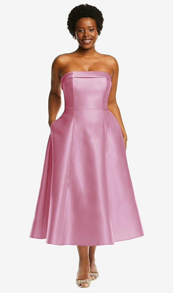 Front View - Powder Pink Cuffed Strapless Satin Twill Midi Dress with Full Skirt and Pockets