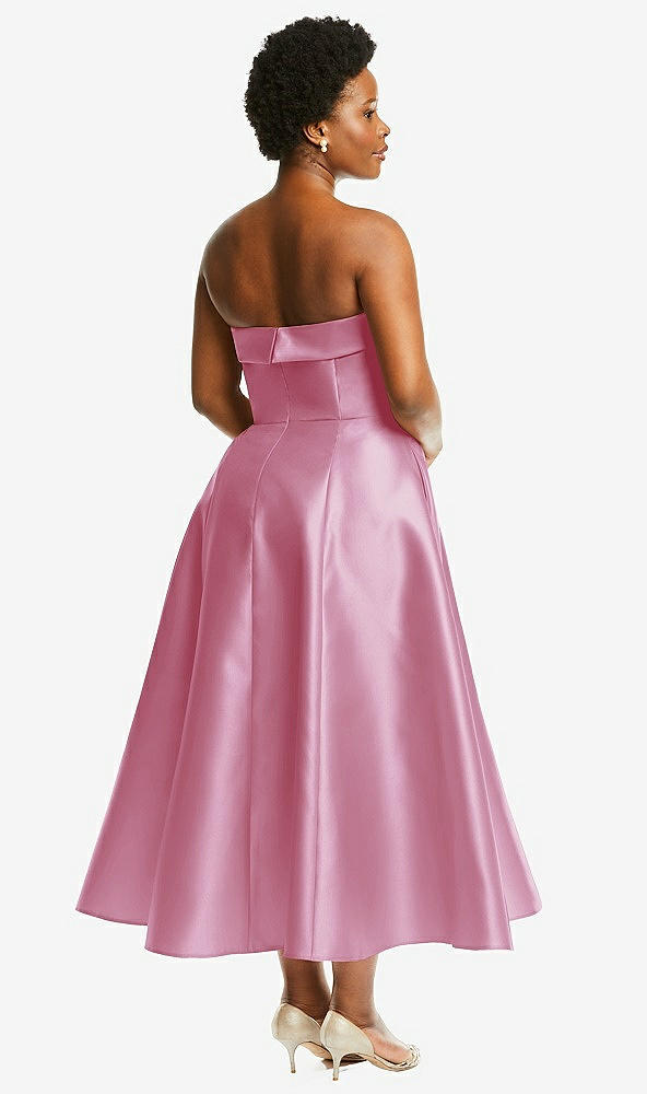 Back View - Powder Pink Cuffed Strapless Satin Twill Midi Dress with Full Skirt and Pockets