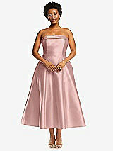 Alt View 1 Thumbnail - Rose - PANTONE Rose Quartz Cuffed Strapless Satin Twill Midi Dress with Full Skirt and Pockets