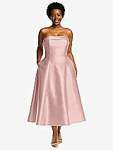 Front View Thumbnail - Rose - PANTONE Rose Quartz Cuffed Strapless Satin Twill Midi Dress with Full Skirt and Pockets