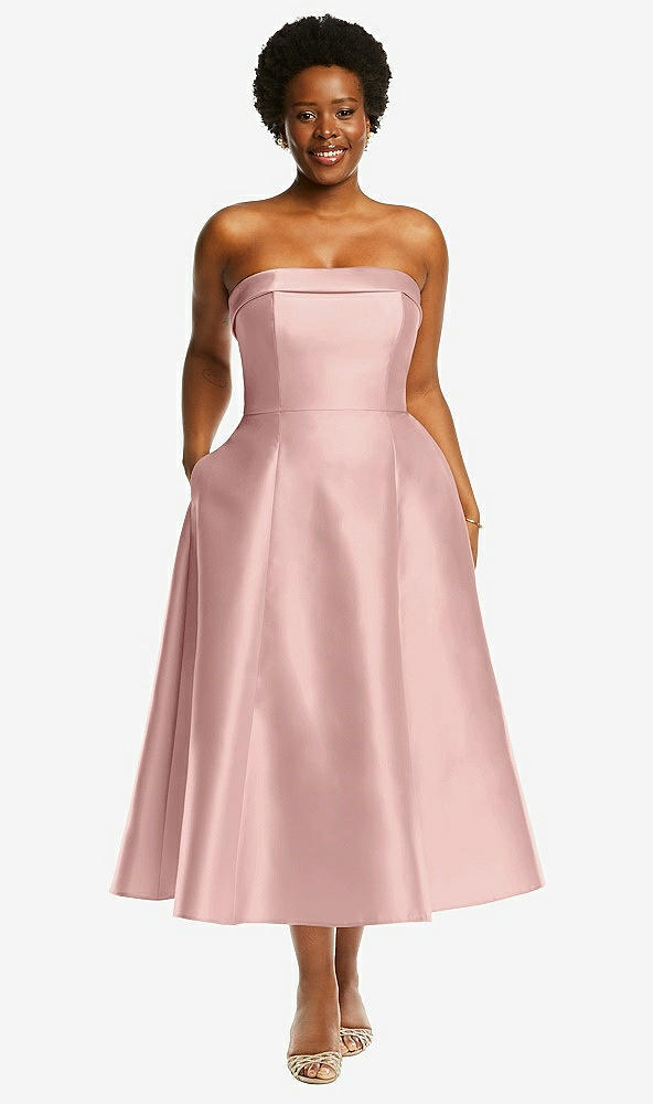 Front View - Rose - PANTONE Rose Quartz Cuffed Strapless Satin Twill Midi Dress with Full Skirt and Pockets