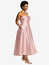 Side View Thumbnail - Rose - PANTONE Rose Quartz Cuffed Strapless Satin Twill Midi Dress with Full Skirt and Pockets