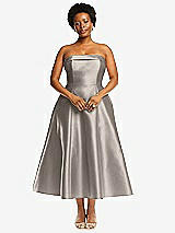 Alt View 1 Thumbnail - Taupe Cuffed Strapless Satin Twill Midi Dress with Full Skirt and Pockets