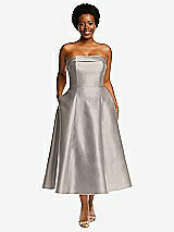 Front View Thumbnail - Taupe Cuffed Strapless Satin Twill Midi Dress with Full Skirt and Pockets