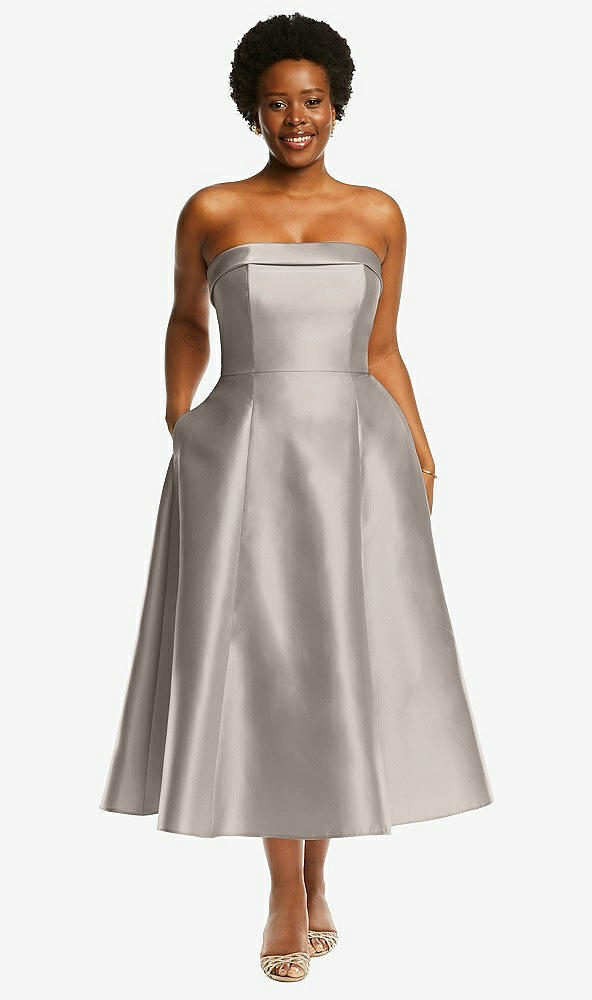Front View - Taupe Cuffed Strapless Satin Twill Midi Dress with Full Skirt and Pockets