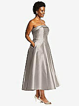 Side View Thumbnail - Taupe Cuffed Strapless Satin Twill Midi Dress with Full Skirt and Pockets