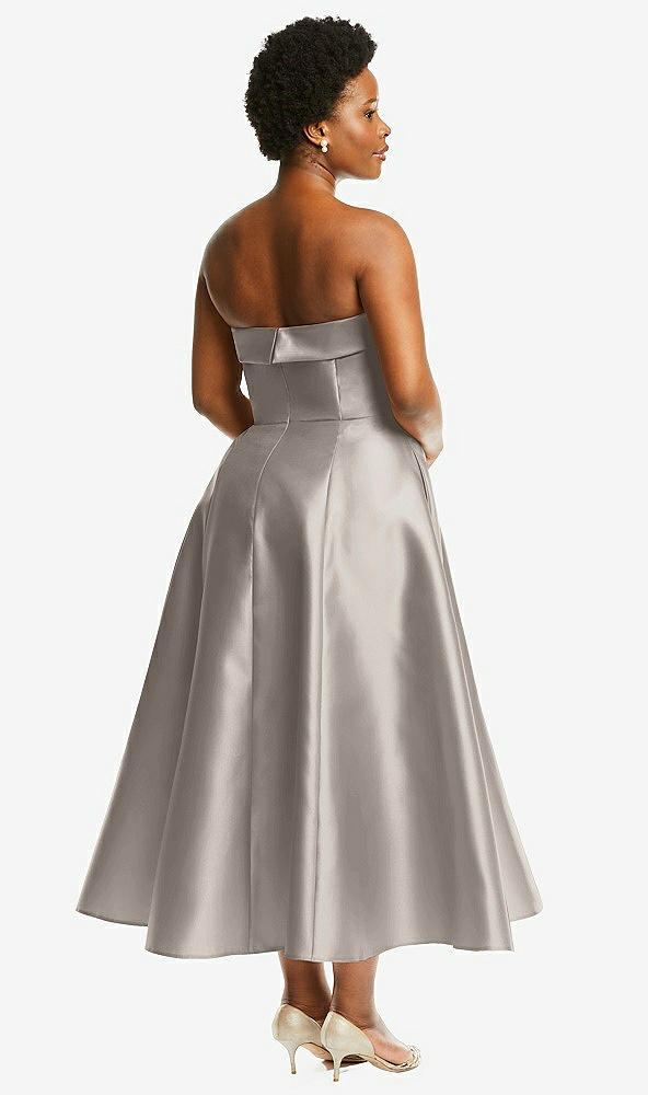 Back View - Taupe Cuffed Strapless Satin Twill Midi Dress with Full Skirt and Pockets