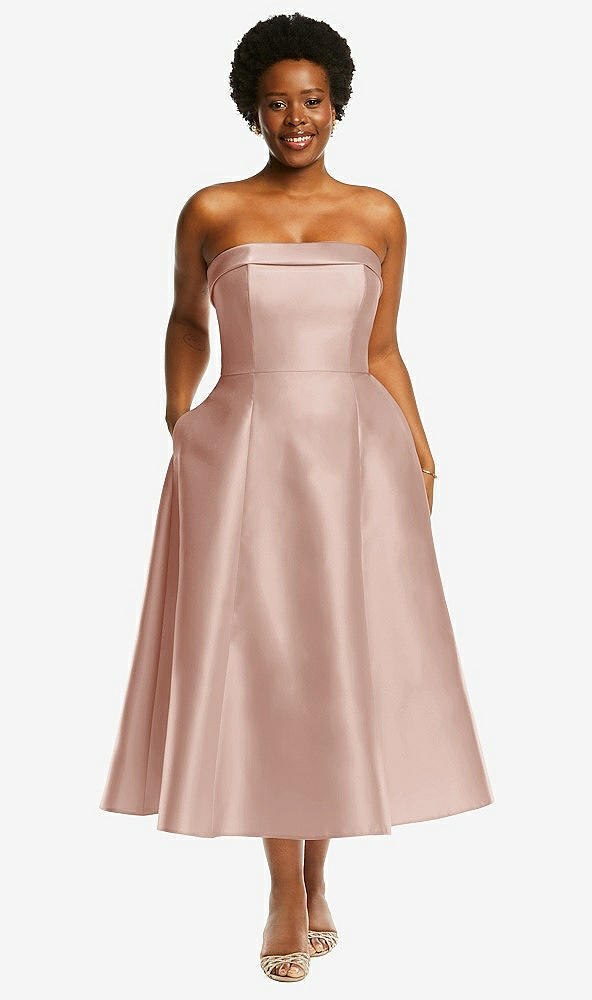 Front View - Toasted Sugar Cuffed Strapless Satin Twill Midi Dress with Full Skirt and Pockets