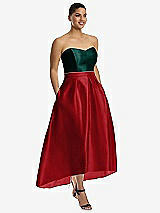 Front View Thumbnail - Garnet & Evergreen Strapless Satin High Low Dress with Pockets
