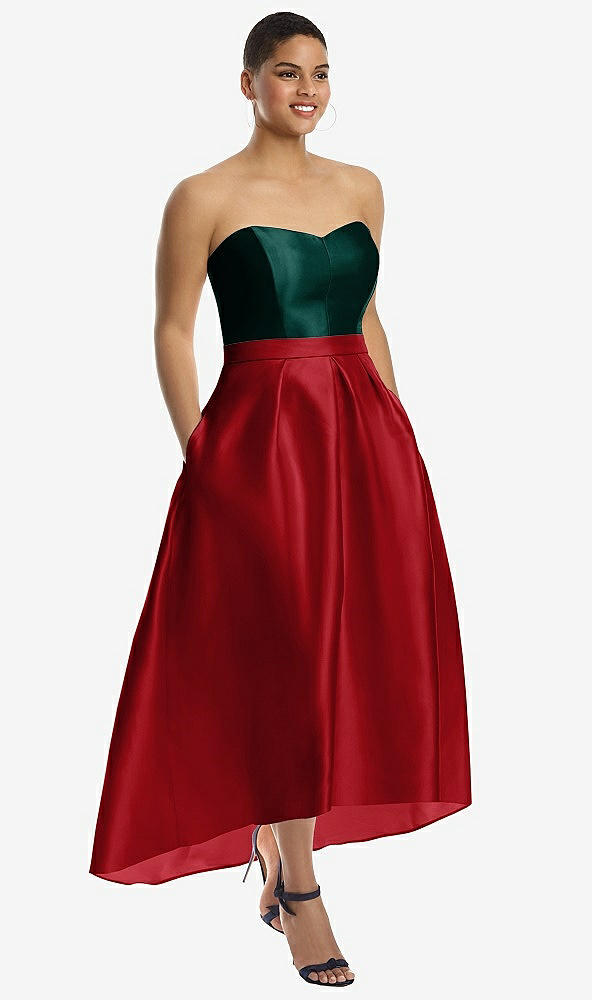 Front View - Garnet & Evergreen Strapless Satin High Low Dress with Pockets