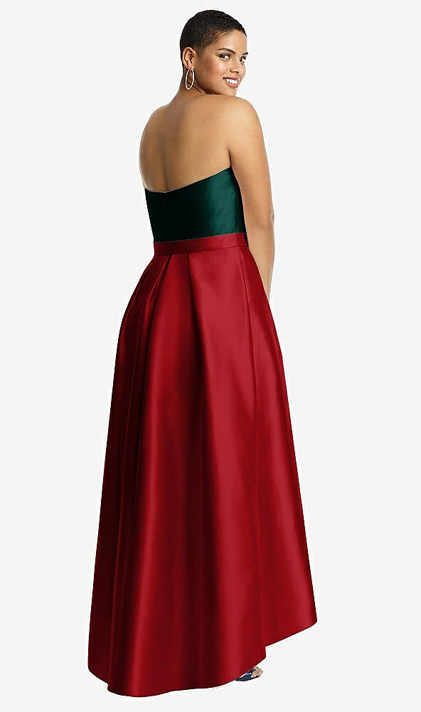 Back View - Garnet & Evergreen Strapless Satin High Low Dress with Pockets