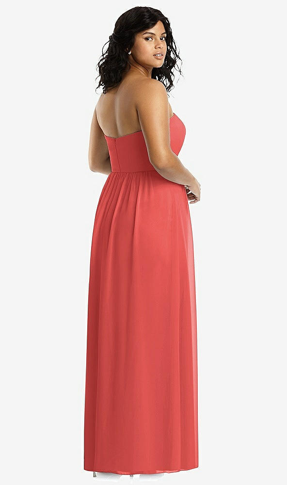 Back View - Perfect Coral Strapless Draped Bodice Maxi Dress with Front Slits