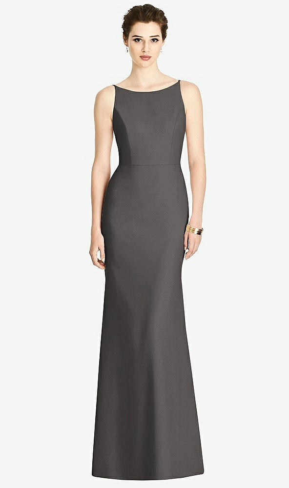 Back View - Caviar Gray Bateau-Neck Open Cowl-Back Trumpet Gown