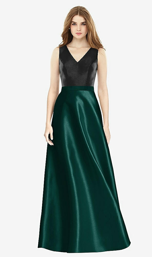 Front View - Evergreen & Black Sleeveless A-Line Satin Dress with Pockets