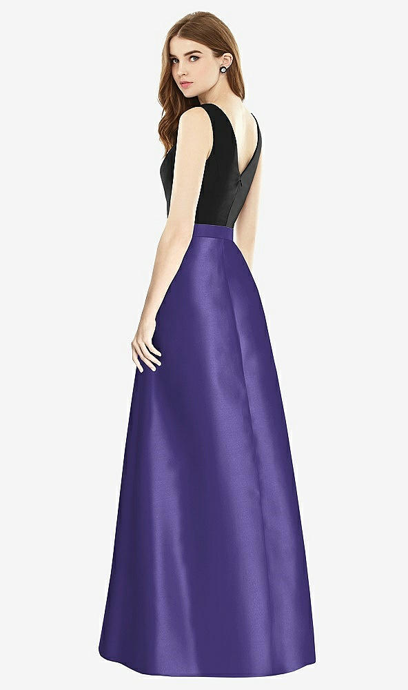 Back View - Grape & Black Sleeveless A-Line Satin Dress with Pockets