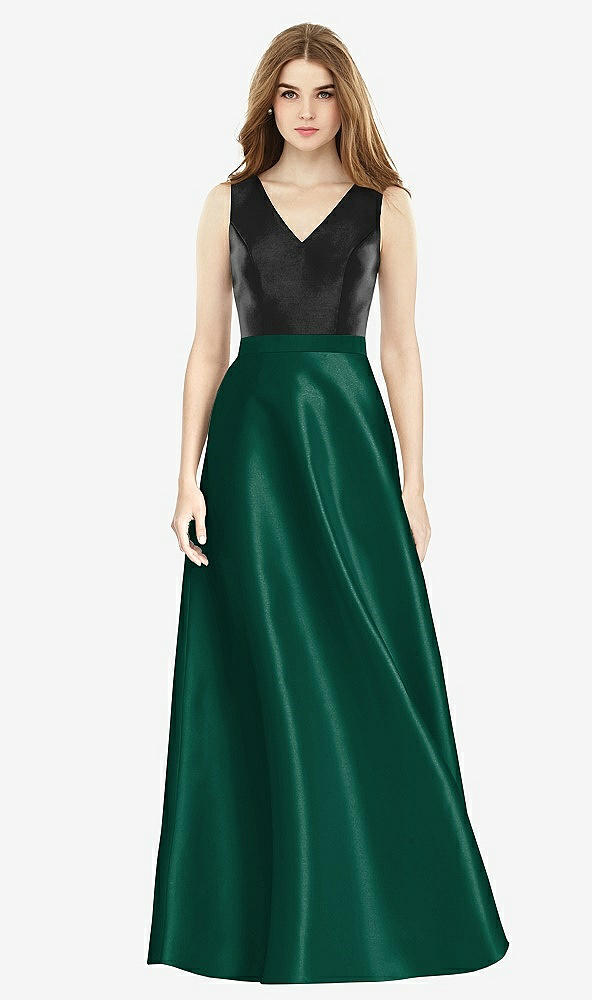 Front View - Hunter Green & Black Sleeveless A-Line Satin Dress with Pockets