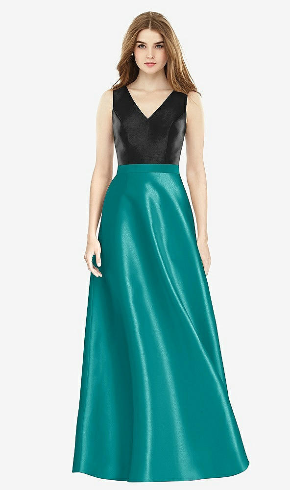Front View - Jade & Black Sleeveless A-Line Satin Dress with Pockets