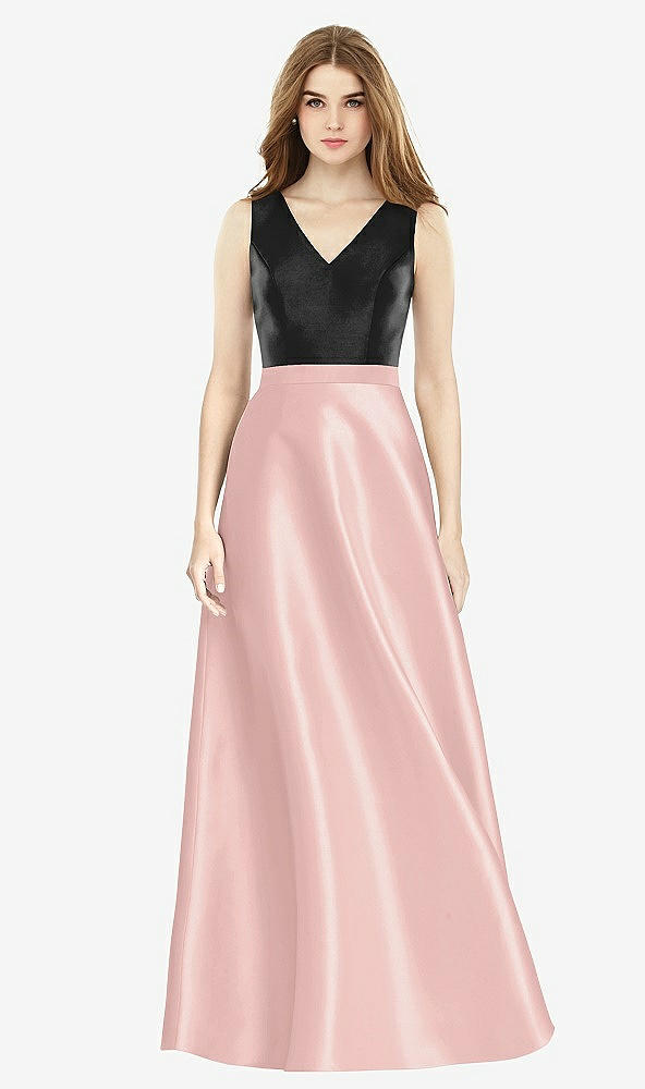 Front View - Rose - PANTONE Rose Quartz & Black Sleeveless A-Line Satin Dress with Pockets