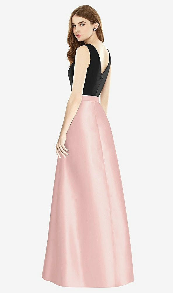 Back View - Rose - PANTONE Rose Quartz & Black Sleeveless A-Line Satin Dress with Pockets