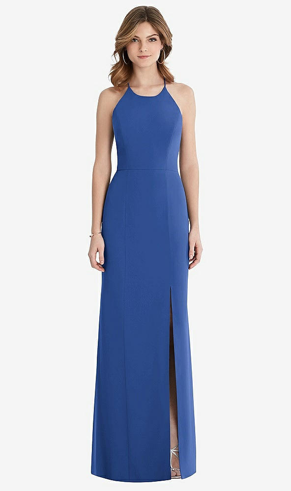 Front View - Classic Blue Criss Cross Open-Back Chiffon Trumpet Gown