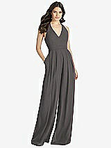Front View Thumbnail - Caviar Gray V-Neck Backless Pleated Front Jumpsuit - Arielle