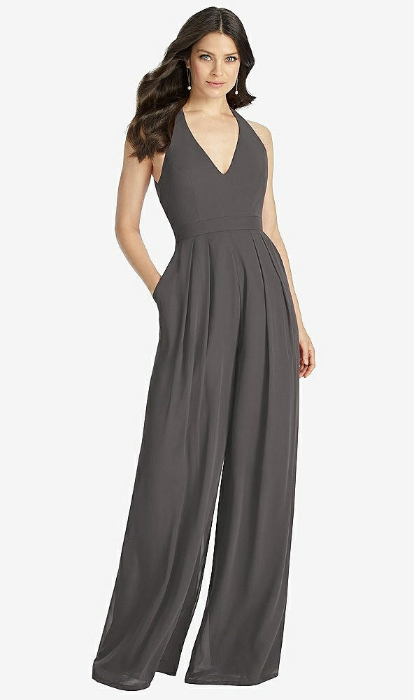 Front View - Caviar Gray V-Neck Backless Pleated Front Jumpsuit - Arielle