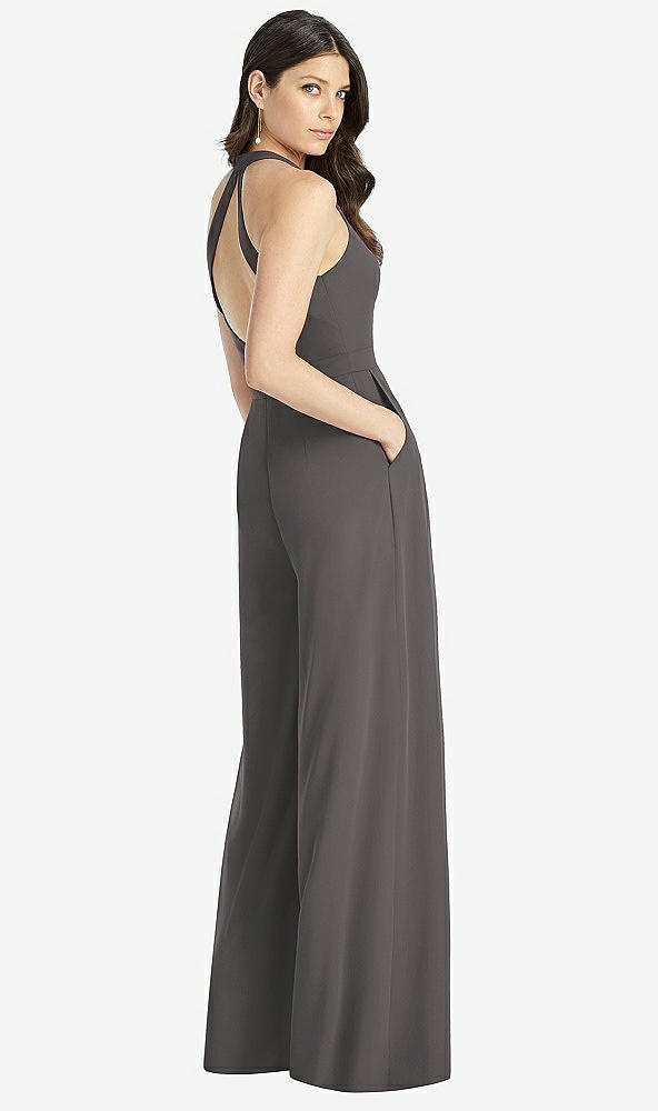Back View - Caviar Gray V-Neck Backless Pleated Front Jumpsuit - Arielle