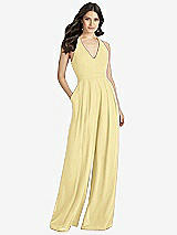 Front View Thumbnail - Pale Yellow V-Neck Backless Pleated Front Jumpsuit - Arielle