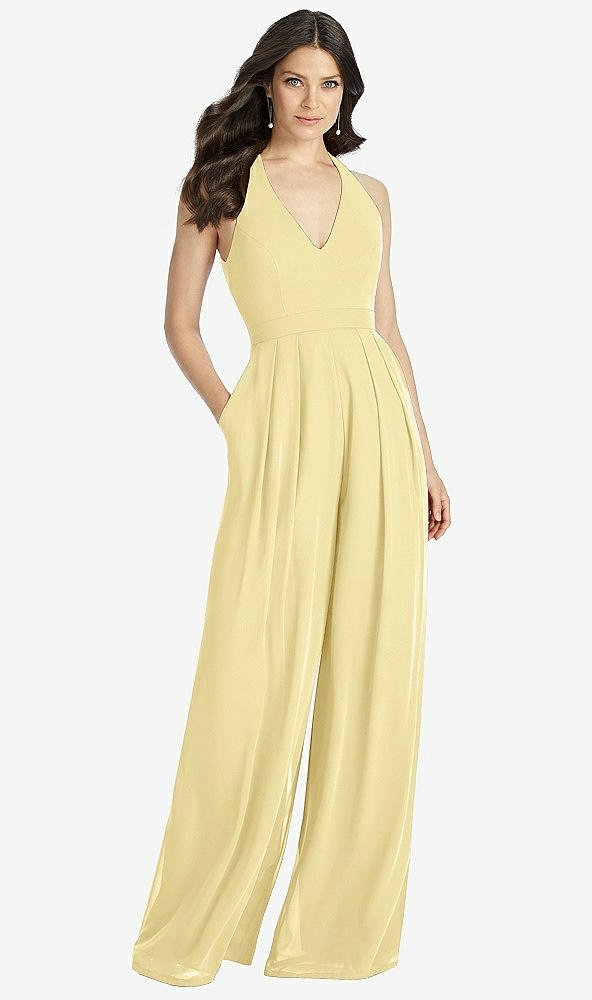 Front View - Pale Yellow V-Neck Backless Pleated Front Jumpsuit - Arielle