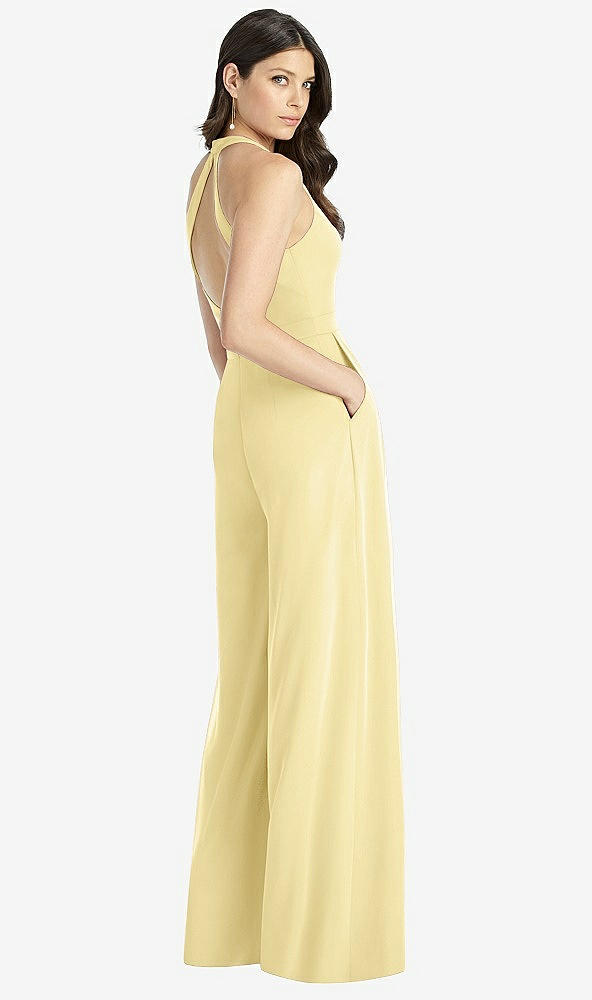 Back View - Pale Yellow V-Neck Backless Pleated Front Jumpsuit - Arielle