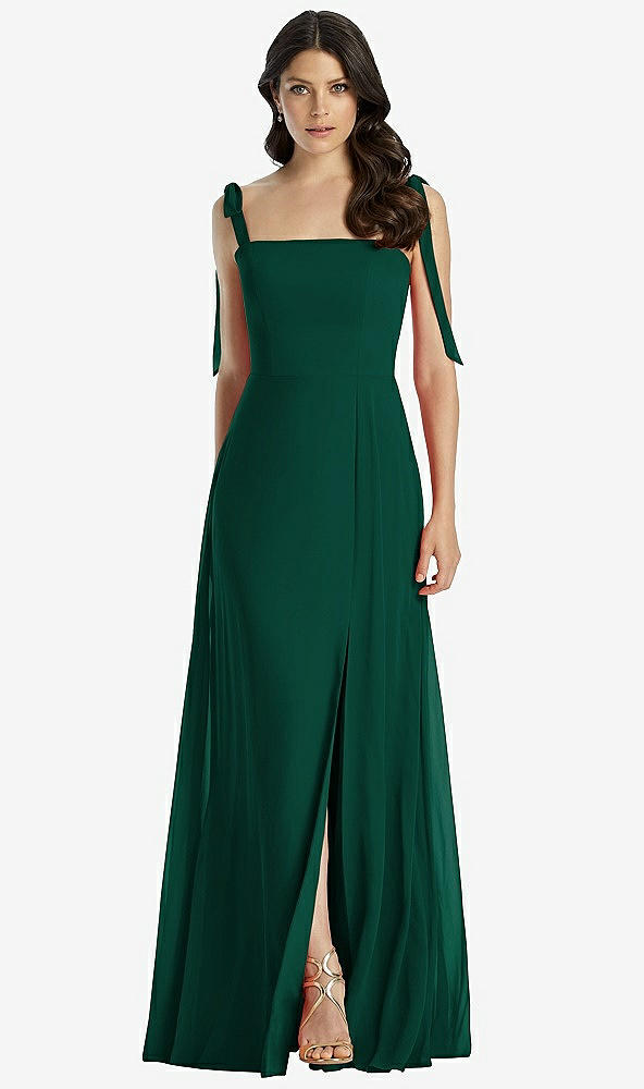 Front View - Hunter Green Tie-Shoulder Chiffon Maxi Dress with Front Slit