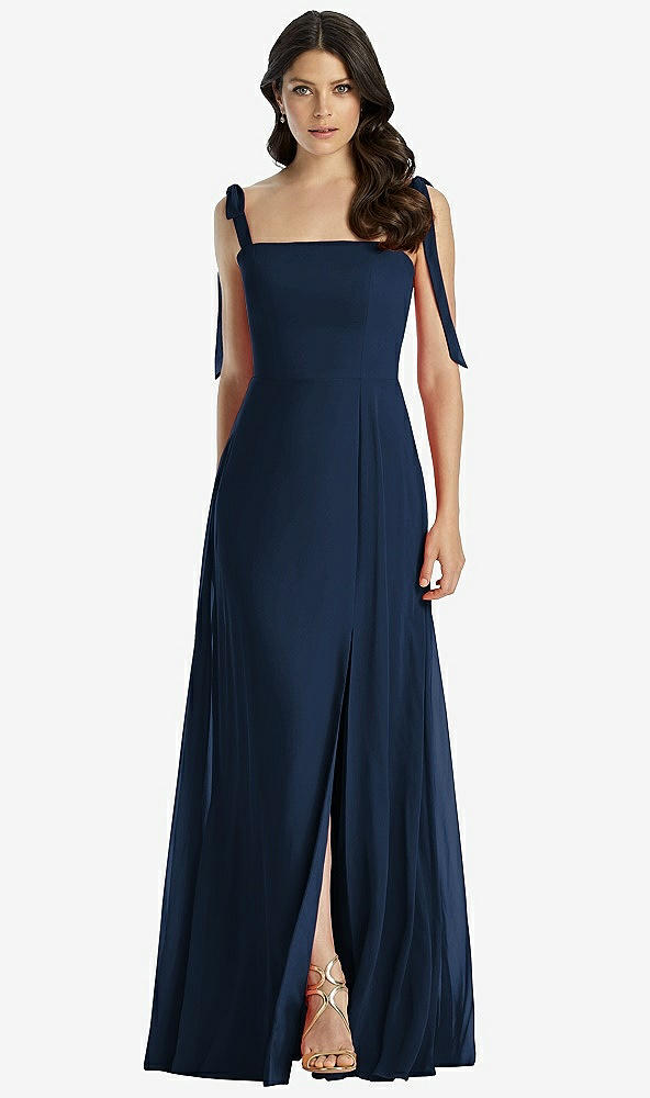 Front View - Midnight Navy Tie-Shoulder Chiffon Maxi Dress with Front Slit